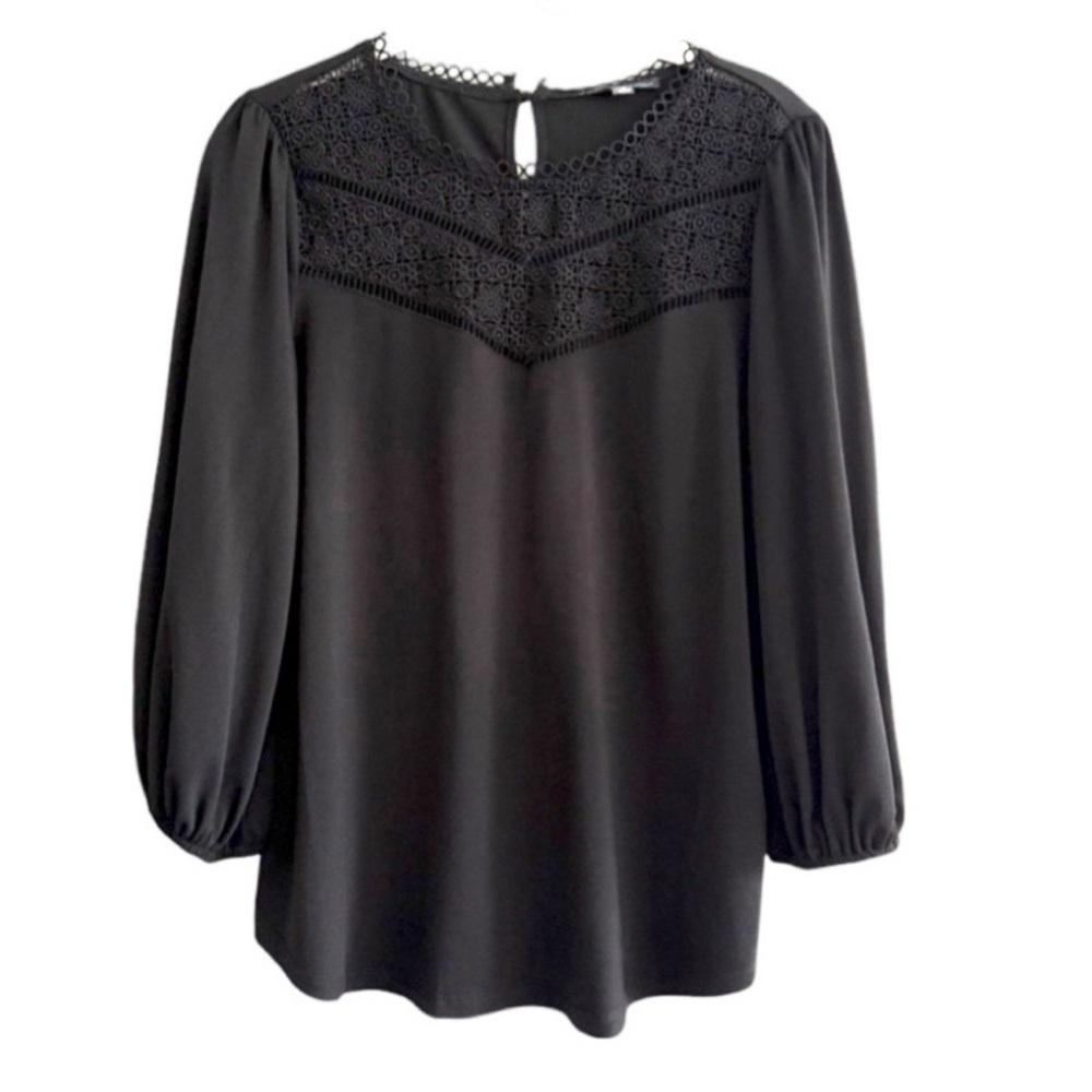 Adrianna Papell Crochet Detail Blouse Balloon Sleeve Black Size M